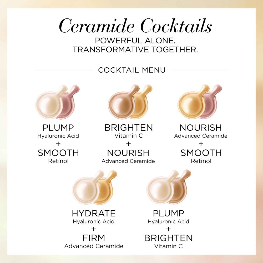 Ceramide Cocktails. Powerful alone. Transformative together. Plump HA and Smooth retinol, brighten vitamin c and Nourish advanced ceramide, nourish advanced ceramide and smooth retinol, hydrate HA and firm advanced ceramide, plump HA and brighten Vitamin c