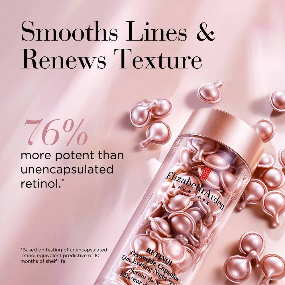 Smooths Lines and renews texture. 76% more potent than unencapsulated retinol**Based on testing of unencapsulated retinol equivalent predictive of 10 months of shelf life