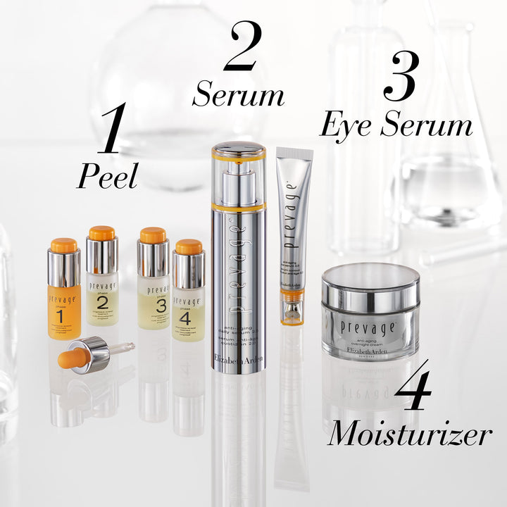 Step 1 Peel with Prevage Progressive. 2 Serum with Prevage Daily Serum and eye serum, 4 Moisturizer 