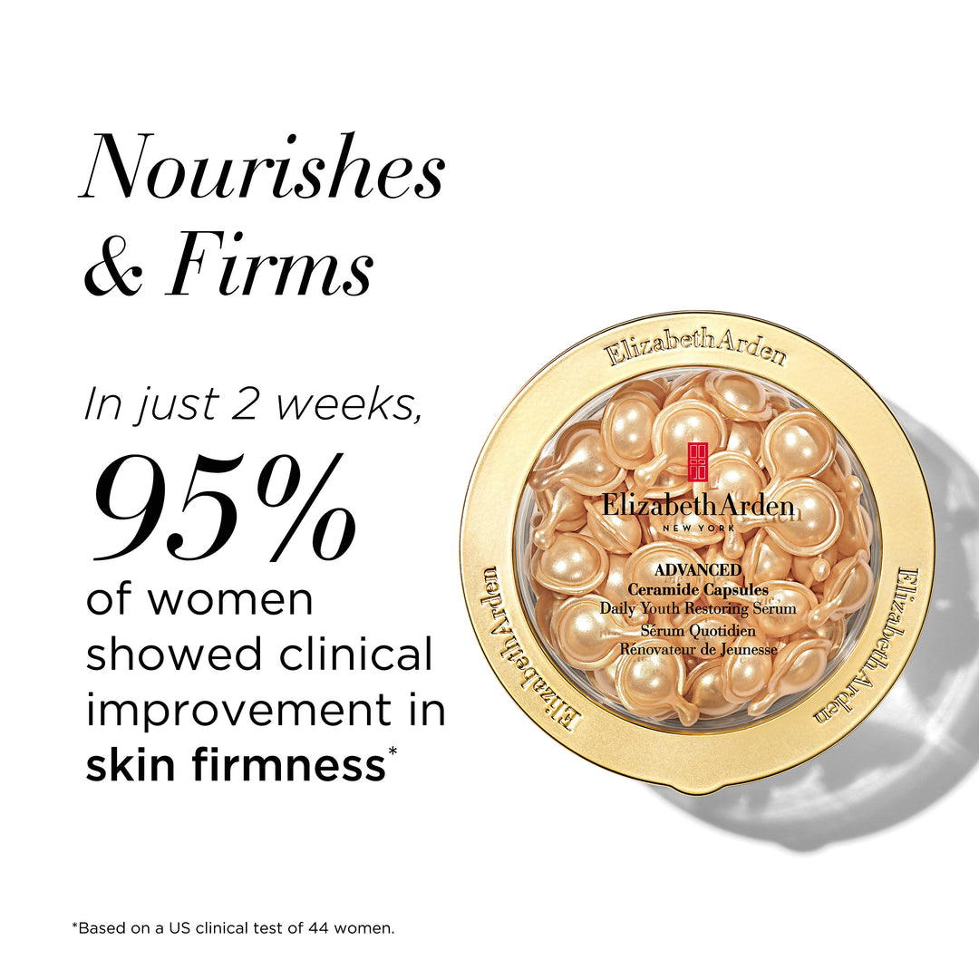 Advanced Ceramide Capsules nourishes and firms. In just 2 weeks, 95% of women showed clinical improvement in skin firmness* *Based on a US clinical test of 44 women.